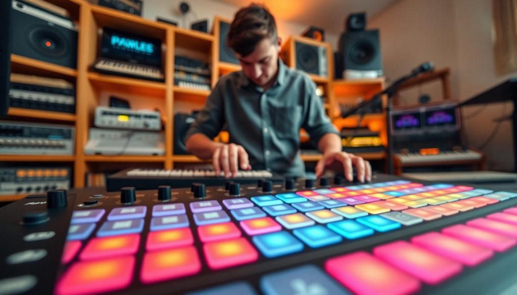 A close-up image of the Ableton Push 3 controller showcasing its vibrant MPE pads in vivid colors, set against a softly illuminated home studio environment. The foreground features the Push 3 pads glowing, highlighting their responsive surface and intricate design. In the middle ground, a musician, dressed in professional casual attire, is engaged in a creative session, fingers poised over the pads. The background includes blurred shelves filled with various music production equipment, creating a dynamic yet focused atmosphere. Soft, warm lighting enhances the mood, casting gentle shadows that add depth to the scene, while a wide-angle perspective captures the interaction between the artist and the controller, emphasizing the seamless experience of playing and sequencing.