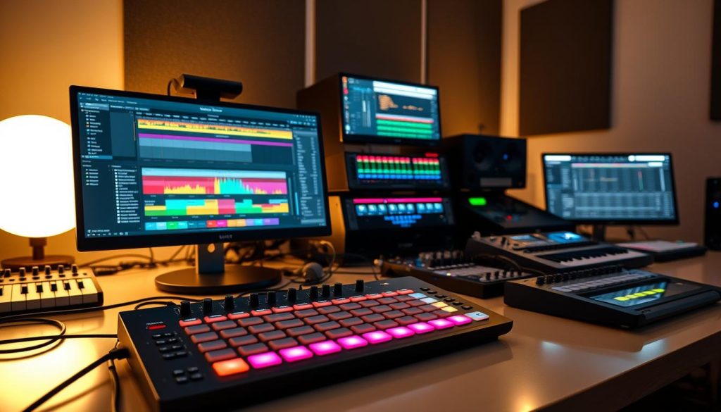 A sleek, modern workspace featuring an Ableton Push 3 prominently in the foreground, surrounded by various MIDI controllers and electronic instruments. The MIDI configuration interface is open on a computer screen, showcasing vibrant colors and a clear, intuitive layout. The middle ground includes stacked monitors displaying digital audio workstations with busy tracks and waveforms. In the background, soft ambient lighting casts a warm glow, creating a focused yet creative atmosphere, with subtle reflections of equipment on the polished desk surface. The scene is captured from a slightly elevated angle, emphasizing the intricate connections and arrangement of the gear. The overall mood is dynamic and inspiring, perfect for a musical production environment.