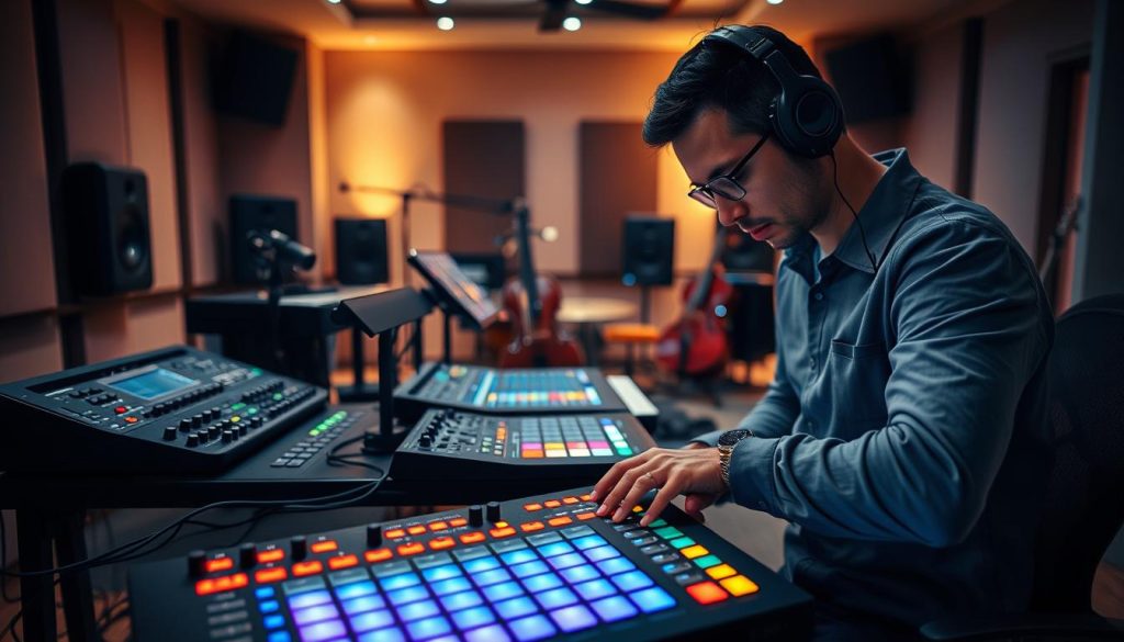A vivid and immersive scene showcasing a modern music production workspace, featuring the Ableton Push 3 prominently in the foreground, with its vibrant LED lights illuminating the buttons. In the middle ground, an array of audio equipment, including microphones and external sources, is neatly arranged on a sleek black table. A professional sound engineer, wearing smart casual attire, is actively engaged in sampling and routing signals, focused intently on the Push 3 with a look of concentration. The background reveals a softly-lit recording studio, with soundproofing panels and a few musical instruments subtly visible, creating a balanced atmosphere of creativity and technology. The lighting is warm and inviting, with a slight spotlight effect on the Push 3 to emphasize its role in the production process.