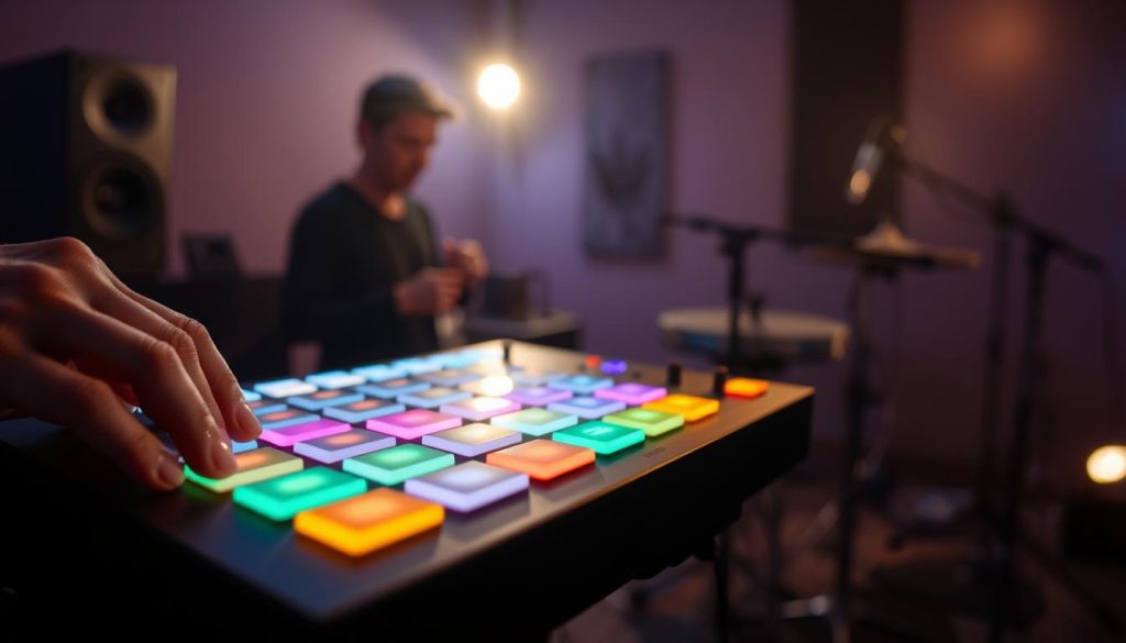 A close-up view of a musician's hands skillfully playing an Ableton Push 2 controller, emphasizing the vibrant, colorful pads that respond to touch with dynamic lighting. The foreground features the detailed texture of the pads, showcasing their different colors and illuminated accents, reflecting an engaging playing style. In the middle ground, the musician's focused expression is visible, highlighting their passion and concentration. The background fades softly into a dimly lit music studio with soft ambient lights creating a warm atmosphere, enhancing the mood of creativity and expressiveness. The image captures the energy of live performance, with soft shadows adding depth and richness to the scene, shot from a slightly elevated angle to accentuate the interaction with the instrument.