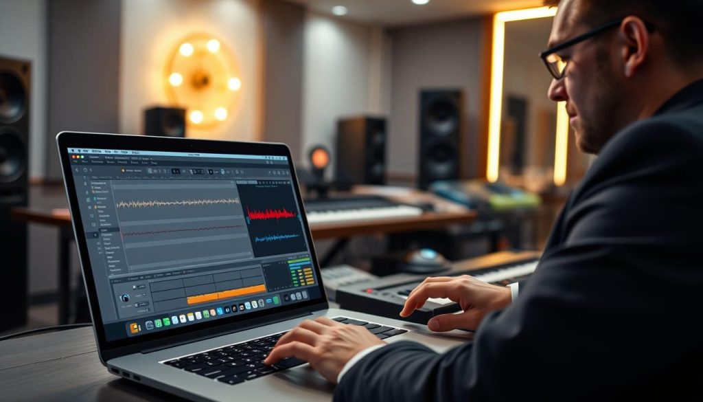 A modern digital audio workstation interface prominently featuring MIDI editing tools. In the foreground, display a sleek laptop with an open Ableton Live and FL Studio interface side by side, showcasing MIDI notes and waveforms. Include a professional-looking person in smart casual attire, focused on the screen, interacting with the software using a MIDI keyboard. In the middle ground, a well-organized workspace with MIDI controllers and audio equipment, illuminated by soft, warm LED lighting creating a creative atmosphere. The background should feature a well-designed home studio, with soundproofing panels and stylish decor, enhancing the mood of innovation and music production. Use a shallow depth of field to keep the focus on the laptop screen. The overall ambiance should be energetic yet professional, inspiring creativity in music production.