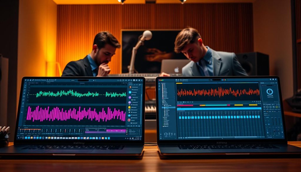 A sleek, modern digital audio workstation interface displayed prominently in the foreground, showcasing both Ableton Live and FL Studio side by side. Each interface should be distinct, with vibrant, colorful clip cells and waveform visualizations highlighting their unique layouts. In the middle ground, a pair of professional musicians in casual business attire are thoughtfully engaging with the interfaces, with one focused on a laptop and the other adjusting a MIDI controller, embodying creativity and concentration. The background features an inspiring studio environment, illuminated by warm lighting that creates a cozy atmosphere. Soft shadows enhance the depth of the scene, while the angle is slightly elevated to provide a comprehensive view of the workflow dynamics between the two software. The overall mood is energetic yet inviting, perfect for a music-making workspace.