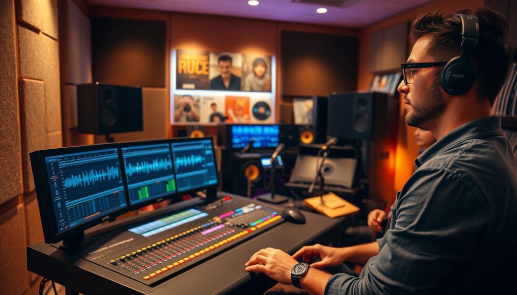 A vibrant music production studio scene showcasing a professional audio mixing setup. In the foreground, a focused sound engineer in smart casual attire is adjusting levels on a digital audio workstation with detailed waveforms visible on the screen. The middle ground features a sleek mixing console adorned with colorful LED lights and various audio equipment, including microphones and monitors. In the background, soundproof walls lined with acoustic panels and shelves filled with vinyl records create a cozy atmosphere. The lighting is warm and inviting, highlighting the intricate details of the mixing process, with a soft glow illuminating the workspace. The overall mood is focused and creative, capturing the essence of audio mixing, recording, and live performance.