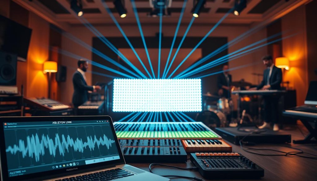 A dynamic digital composition showcasing "Ableton Link" in a modern music studio setting. In the foreground, a sleek laptop with Ableton Live open, displaying waveform visuals and the Ableton Link interface. Adjacent to it, a MIDI controller and various music devices, like synthesizers and drum machines, arranged meticulously. The middle layer features a soft-glowing LED panel, visually representing the synchronization between devices with vibrant colors like blue and green lines radiating outward. In the background, blurred silhouettes of musicians wearing professional business attire, deeply focused on their craft, create a collaborative and lively atmosphere. Warm, ambient studio lighting enhances the energetic vibe while maintaining a sense of professionalism and creativity. The perspective is slightly angled, providing depth and a sense of immersion into this high-tech musical environment. A dynamic digital composition showcasing "Ableton Link" in a modern music studio setting. In the foreground, a sleek laptop with Ableton Live open, displaying waveform visuals and the Ableton Link interface. Adjacent to it, a MIDI controller and various music devices, like synthesizers and drum machines, arranged meticulously. The middle layer features a soft-glowing LED panel, visually representing the synchronization between devices with vibrant colors like blue and green lines radiating outward. In the background, blurred silhouettes of musicians wearing professional business attire, deeply focused on their craft, create a collaborative and lively atmosphere. Warm, ambient studio lighting enhances the energetic vibe while maintaining a sense of professionalism and creativity. The perspective is slightly angled, providing depth and a sense of immersion into this high-tech musical environment.
