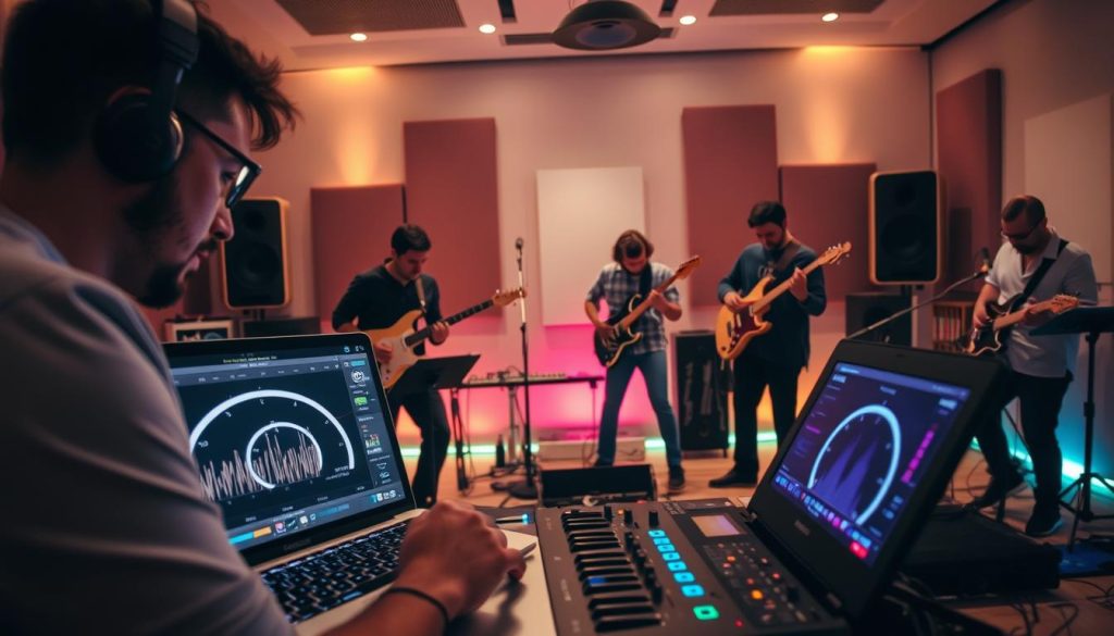 A dynamic scene showcasing musicians collaborating in real-time, centered around a digital metronome displaying varying tempo readings. In the foreground, a focused musician adjusts their laptop, showing the Ableton interface illuminated by soft, ambient LED lights. In the middle ground, a diverse group of artists are playing various instruments, including guitars and keyboards, all synchronized in motion, with visible sound waves emanating from their devices. The background features a stylish studio environment with acoustic panels and gentle, colorful lighting enhancing the creative atmosphere. Capture the essence of collaboration, energy, and concentration, with a wide-angle perspective to emphasize the interaction among the musicians and their devices. The overall mood should be inspiring and engaging, suitable for a modern creative workspace. A dynamic scene showcasing musicians collaborating in real-time, centered around a digital metronome displaying varying tempo readings. In the foreground, a focused musician adjusts their laptop, showing the Ableton interface illuminated by soft, ambient LED lights. In the middle ground, a diverse group of artists are playing various instruments, including guitars and keyboards, all synchronized in motion, with visible sound waves emanating from their devices. The background features a stylish studio environment with acoustic panels and gentle, colorful lighting enhancing the creative atmosphere. Capture the essence of collaboration, energy, and concentration, with a wide-angle perspective to emphasize the interaction among the musicians and their devices. The overall mood should be inspiring and engaging, suitable for a modern creative workspace.