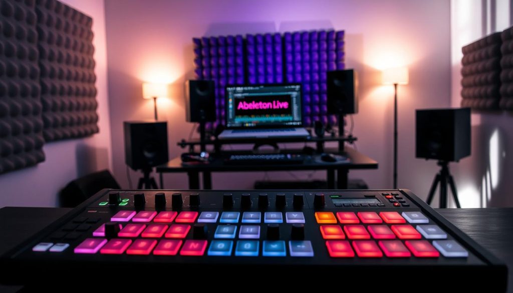 A modern MIDI controller set against a sleek, dimly lit studio environment. In the foreground, the MIDI controller is prominently displayed, showcasing vibrant backlit buttons and faders, reflecting the essence of creativity in electronic music. The middle ground features a workspace with an Ableton Live interface glowing on a laptop screen, surrounded by sound equipment like monitors and cables, enhancing the atmosphere of a live performance. In the background, soft ambient lighting creates a dreamy, focused vibe, with shadows playing across acoustic foam panels on the walls. The overall mood conveys anticipation and innovation, inviting viewers into the world of live electronic music production. A modern MIDI controller set against a sleek, dimly lit studio environment. In the foreground, the MIDI controller is prominently displayed, showcasing vibrant backlit buttons and faders, reflecting the essence of creativity in electronic music. The middle ground features a workspace with an Ableton Live interface glowing on a laptop screen, surrounded by sound equipment like monitors and cables, enhancing the atmosphere of a live performance. In the background, soft ambient lighting creates a dreamy, focused vibe, with shadows playing across acoustic foam panels on the walls. The overall mood conveys anticipation and innovation, inviting viewers into the world of live electronic music production.