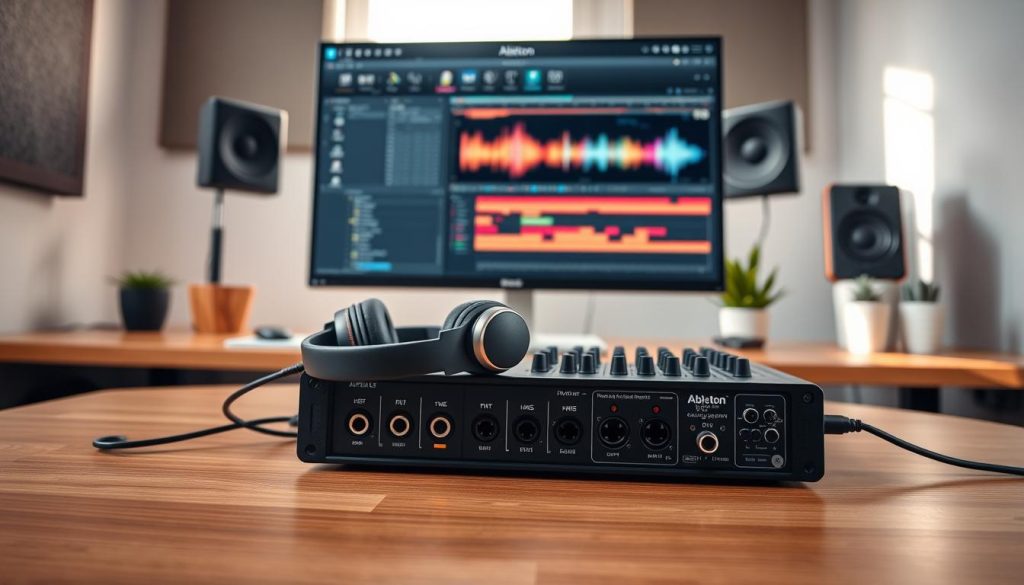 A modern audio interface setup integrated with Ableton Live, positioned on a sleek wooden desk. In the foreground, the audio interface with visible input/output ports and unique LED indicators, accompanied by a pair of studio-quality headphones. The background features a 27-inch monitor displaying the Ableton Live interface, showcasing a vibrant music project. Soft natural lighting illuminates the workspace, creating a warm, inviting atmosphere. The room is decorated with soundproof panels and a potted plant for a touch of greenery. The angle is slightly overhead, providing a comprehensive view of the setup. The mood is focused yet creative, ideal for inspiring audio production.