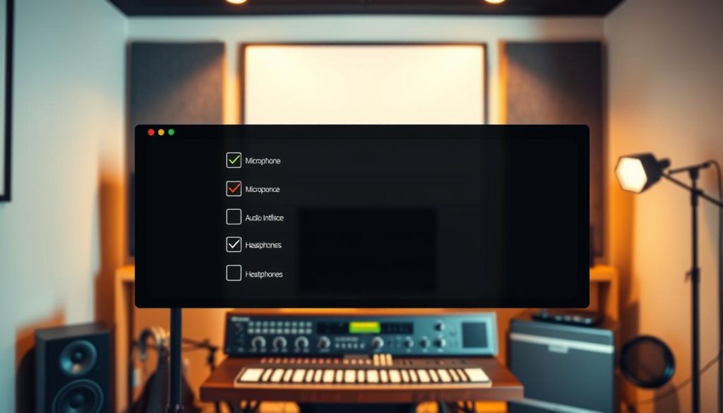 A modern check-list interface designed for audio equipment selection is displayed prominently in the foreground. The interface features sleek, grid-style checkboxes with vivid colors indicating options like "Microphone," "Audio Interface," and "Headphones." Each checkbox has a brief, elegant icon next to it, conveying functionality. In the middle ground, subtle graphical elements such as sliders and connection ports are depicted, providing context to the interface's use in a digital audio workstation environment. The background captures a softly lit home studio setting, showcasing musical instruments and soundproofing panels. The overall atmosphere is organized and professional, with warm lighting that evokes creativity and productivity, perfectly aligning with the task of choosing audio equipment for Ableton. The scene is viewed from a slight top-down angle to emphasize the interface's layout.