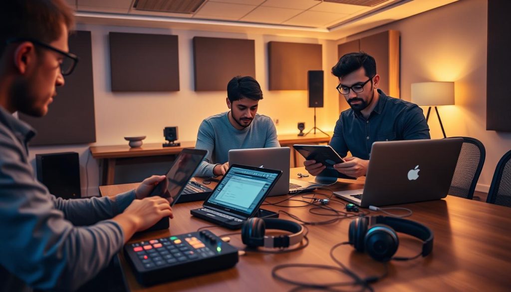A modern digital workspace showcasing a vibrant music collaboration scene based on Ableton Link technology. In the foreground, a diverse group of three individuals—two men and a woman—are engaged with laptops and tablet devices, wearing casual but professional clothing, focusing intently on their screens. The middle ground includes visual elements of musical equipment like MIDI controllers and headphones scattered across a polished wooden table, illustrating active music production. The background features a softly lit, modern studio environment with soundproof walls and ambient lighting, creating a cozy yet energetic atmosphere. The scene is dynamically angled from a slightly elevated perspective, enhancing the sense of collaboration and creativity in a connected musical session. A modern digital workspace showcasing a vibrant music collaboration scene based on Ableton Link technology. In the foreground, a diverse group of three individuals—two men and a woman—are engaged with laptops and tablet devices, wearing casual but professional clothing, focusing intently on their screens. The middle ground includes visual elements of musical equipment like MIDI controllers and headphones scattered across a polished wooden table, illustrating active music production. The background features a softly lit, modern studio environment with soundproof walls and ambient lighting, creating a cozy yet energetic atmosphere. The scene is dynamically angled from a slightly elevated perspective, enhancing the sense of collaboration and creativity in a connected musical session.