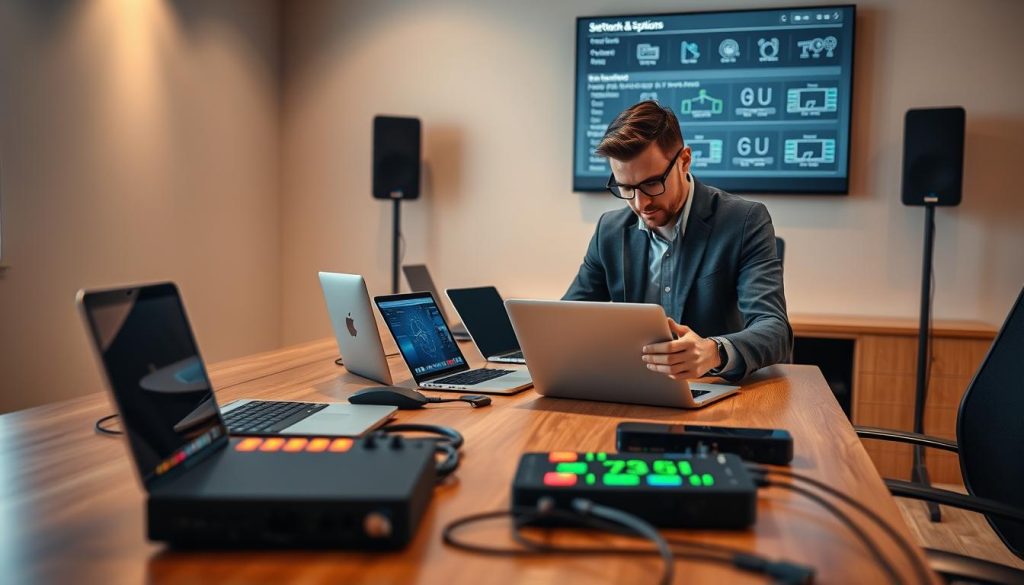A modern, sleek workspace with several electronic devices like laptops, tablets, and audio interfaces lined up on a polished wooden desk. In the foreground, a professional-looking person in smart casual attire adjusts settings on a laptop, focused on establishing a network connection. In the middle, colorful LED lights from the devices create a dynamic and inviting atmosphere, suggesting energy and creativity. The background features a wall-mounted screen displaying network diagrams and synchronization options. Soft, warm lighting casts gentle shadows, adding depth to the scene. The overall mood is collaborative and innovative, perfect for preparing a synchronized session with multiple devices. A modern, sleek workspace with several electronic devices like laptops, tablets, and audio interfaces lined up on a polished wooden desk. In the foreground, a professional-looking person in smart casual attire adjusts settings on a laptop, focused on establishing a network connection. In the middle, colorful LED lights from the devices create a dynamic and inviting atmosphere, suggesting energy and creativity. The background features a wall-mounted screen displaying network diagrams and synchronization options. Soft, warm lighting casts gentle shadows, adding depth to the scene. The overall mood is collaborative and innovative, perfect for preparing a synchronized session with multiple devices.