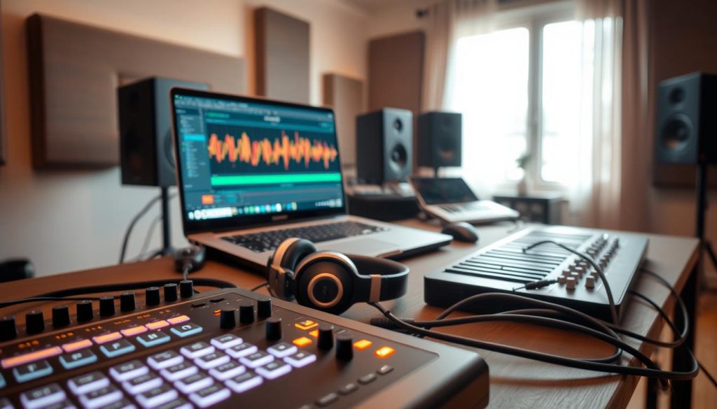 A modern workspace featuring an audio interface set up for music production with Ableton. In the foreground, a sleek audio interface with illuminated buttons, connected to a laptop displaying a vibrant Ableton Live interface. The middle ground includes a tasteful assortment of high-quality headphones and midi keyboard, with a few cables artistically draped around. In the background, a tasteful and organized home studio setting with acoustic panels, soft ambient lighting casting a warm glow, and a window allowing natural light to filter through, creating an inspiring atmosphere. The focus is on professionalism and creativity, invoking a sense of dedication and seriousness in the pursuit of sound.