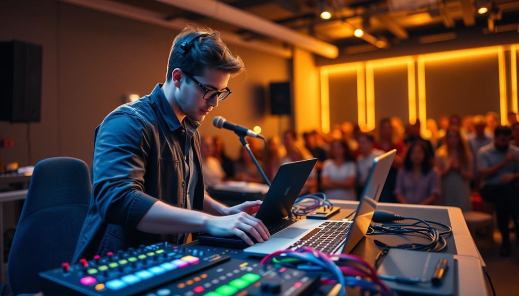 A vibrant and dynamic live music setup featuring a skilled musician, dressed in smart casual clothing, focused on a laptop with Ableton software open. In the foreground, various musical equipment like a MIDI controller, mixer, and colorful cables add depth. The middle ground reveals a sleek, modern stage setting with subtle LED lights illuminating the scene, casting a warm glow. The background showcases an engaged audience, creating an energetic atmosphere. Soft focus and a slight bokeh effect enhance the mood, emphasizing the musician’s concentration as they prepare their effective setlist. The overall lighting is warm and inviting, accentuating the excitement and creativity of a live performance environment. A vibrant and dynamic live music setup featuring a skilled musician, dressed in smart casual clothing, focused on a laptop with Ableton software open. In the foreground, various musical equipment like a MIDI controller, mixer, and colorful cables add depth. The middle ground reveals a sleek, modern stage setting with subtle LED lights illuminating the scene, casting a warm glow. The background showcases an engaged audience, creating an energetic atmosphere. Soft focus and a slight bokeh effect enhance the mood, emphasizing the musician’s concentration as they prepare their effective setlist. The overall lighting is warm and inviting, accentuating the excitement and creativity of a live performance environment.