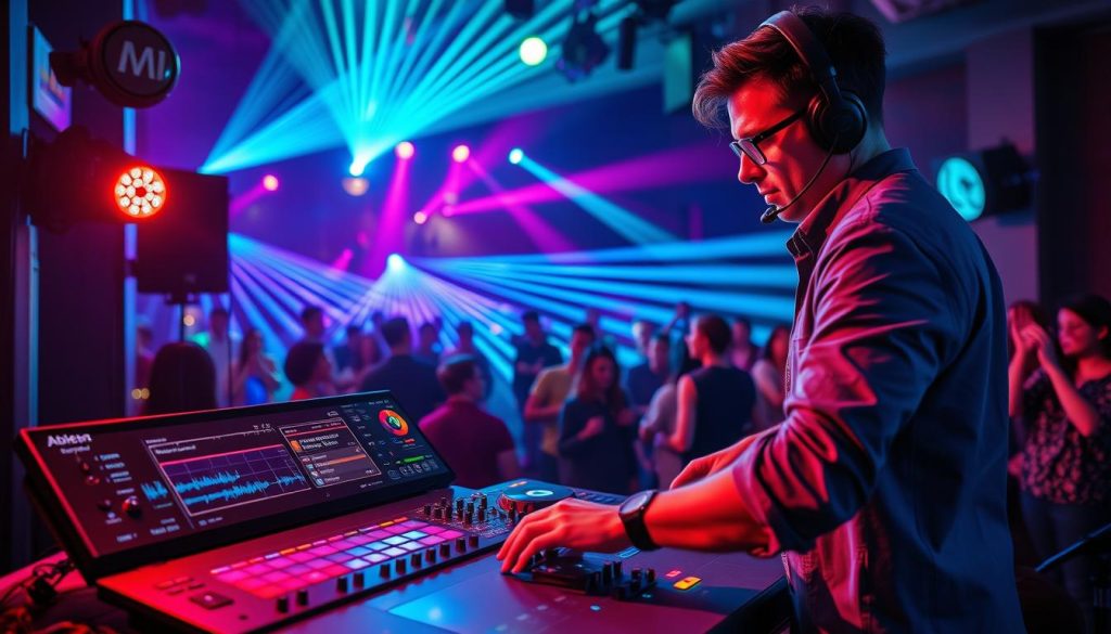 A vibrant scene depicting a live music performance setup focused on "Transitions, order of songs, and real-time play." In the foreground, a professional DJ in smart casual attire is adjusting audio levels on a sleek Ableton Live interface, showcasing waveforms and a visually engaging setlist. The middle ground features colorful LED lights casting dynamic patterns, enhancing the electric atmosphere of the venue. In the background, an audience of music enthusiasts sways to the rhythm, immersed in the experience. The lighting is warm and inviting, with spotlights highlighting the DJ's concentrated expression. The image captures the excitement and energy of a live set, emphasizing the harmony between technology and live performance. The angle is slightly elevated, providing a clear view of both the DJ and the captivated crowd. A vibrant scene depicting a live music performance setup focused on "Transitions, order of songs, and real-time play." In the foreground, a professional DJ in smart casual attire is adjusting audio levels on a sleek Ableton Live interface, showcasing waveforms and a visually engaging setlist. The middle ground features colorful LED lights casting dynamic patterns, enhancing the electric atmosphere of the venue. In the background, an audience of music enthusiasts sways to the rhythm, immersed in the experience. The lighting is warm and inviting, with spotlights highlighting the DJ's concentrated expression. The image captures the excitement and energy of a live set, emphasizing the harmony between technology and live performance. The angle is slightly elevated, providing a clear view of both the DJ and the captivated crowd.