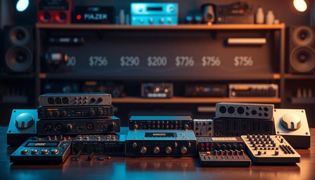 A visually striking composition showcasing various audio interfaces grouped by budget. In the foreground, a semi-circle of budget-friendly audio interfaces, including modern designs with sleek surfaces and intuitive controls, glimmering with soft studio lights. The middle ground features a gradient background displaying subtle outlines of different price ranges with neutral tones to emphasize the interfaces. In the background, blurred shelves filled with professional audio equipment create a sense of a well-stocked studio environment. The lighting is warm and inviting, highlighting the features of each interface while casting gentle shadows to add depth. Overall, the mood is inspiring and professional, geared towards musicians and producers making informed equipment choices.
