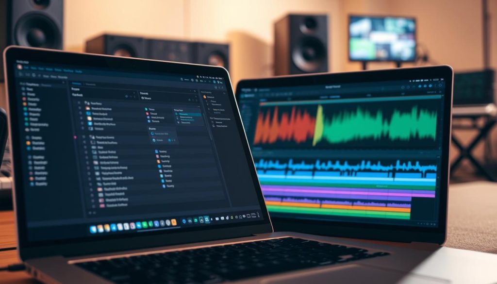 An organized digital audio workstation interface with vibrant colors representing Ableton Live's features. In the foreground, a sleek laptop displays a setlist with labeled tracks, effects, and groupings. The middle layer showcases an array of colorful visual representations of audio waves and effects, highlighting the creative possibilities within the software. In the background, a subtle blurred room filled with sound equipment, MIDI keyboards, and monitors creates a professional music production environment. Soft, warm lighting enhances the inviting and inspiring atmosphere, casting gentle shadows. The angle captures a close-up perspective of the screen, emphasizing the interface details. An organized digital audio workstation interface with vibrant colors representing Ableton Live's features. In the foreground, a sleek laptop displays a setlist with labeled tracks, effects, and groupings. The middle layer showcases an array of colorful visual representations of audio waves and effects, highlighting the creative possibilities within the software. In the background, a subtle blurred room filled with sound equipment, MIDI keyboards, and monitors creates a professional music production environment. Soft, warm lighting enhances the inviting and inspiring atmosphere, casting gentle shadows. The angle captures a close-up perspective of the screen, emphasizing the interface details.