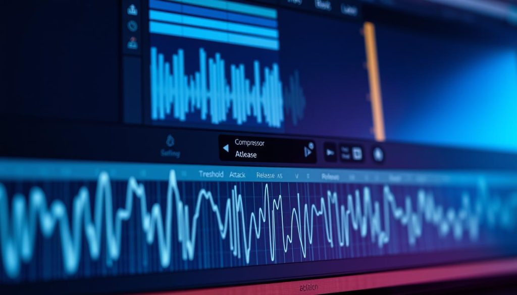 A close-up view of an Ableton Live interface displaying a vibrant sidechain audio signal, with the bass track prominently featured. In the foreground, the waveform of the bass line is visualized, showing dynamic fluctuations in amplitude. The middle layer features the Compressor effect with clearly labeled settings like 'Threshold,' 'Attack,' and 'Release,' depicted in a user-friendly layout. The background includes a subtle blur of music production elements, such as MIDI clips and synthesizer waves, creating an immersive studio atmosphere. Soft ambient lighting enhances the colors of the interface, with a cool color palette of blues and purples, conveying a sense of creativity and focus in a modern digital workspace. The overall mood is professional and inspiring, ideal for music producers.