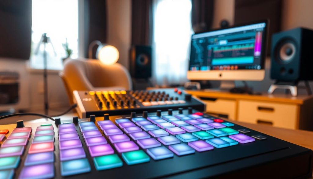 A close-up view of an Ableton Push 3 in a modern music studio, showcasing its sleek, intuitive interface with vibrant, colorful pads illuminated in a warm, ambient light. The foreground is dominated by the Push 3, with buttons and pads sharply in focus, displaying a blend of blues, purples, and greens. In the middle ground, a classic MIDI controller rests beside it, contrasting the modern design with its traditional layout and simplistic color palette. The background reveals a cozy studio environment, with acoustic panels and a computer screen displaying music software, bathed in soft natural light from a window, creating a creative and inspiring atmosphere. The overall mood is energetic yet inviting, perfect for music production. A close-up view of an Ableton Push 3 in a modern music studio, showcasing its sleek, intuitive interface with vibrant, colorful pads illuminated in a warm, ambient light. The foreground is dominated by the Push 3, with buttons and pads sharply in focus, displaying a blend of blues, purples, and greens. In the middle ground, a classic MIDI controller rests beside it, contrasting the modern design with its traditional layout and simplistic color palette. The background reveals a cozy studio environment, with acoustic panels and a computer screen displaying music software, bathed in soft natural light from a window, creating a creative and inspiring atmosphere. The overall mood is energetic yet inviting, perfect for music production.