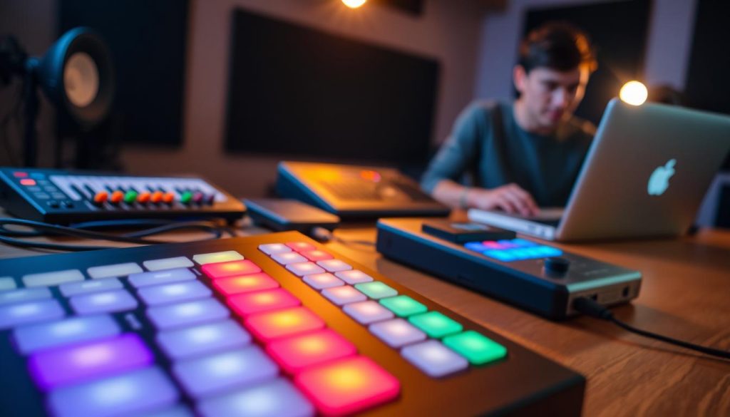 A detailed and vibrant comparison of the Ableton Push 3 and classic MIDI controllers. In the foreground, showcase the Ableton Push 3 with its colorful pads illuminated, angled slightly to highlight its sleek design and dynamic interface. In the middle, position classic MIDI controllers, such as a standard keyboard and drum pad, surrounded by a few neatly arranged cables and a laptop. In the background, create a soft-focus atmosphere with a DJ or music producer working intently, dressed in stylish yet professional casual attire. Illuminate the scene with warm, ambient lighting that reflects a creative workspace, enhancing the mood of innovation and musical exploration. Use a shallow depth of field to emphasize the Push 3, creating an inviting and inspiring environment. A detailed and vibrant comparison of the Ableton Push 3 and classic MIDI controllers. In the foreground, showcase the Ableton Push 3 with its colorful pads illuminated, angled slightly to highlight its sleek design and dynamic interface. In the middle, position classic MIDI controllers, such as a standard keyboard and drum pad, surrounded by a few neatly arranged cables and a laptop. In the background, create a soft-focus atmosphere with a DJ or music producer working intently, dressed in stylish yet professional casual attire. Illuminate the scene with warm, ambient lighting that reflects a creative workspace, enhancing the mood of innovation and musical exploration. Use a shallow depth of field to emphasize the Push 3, creating an inviting and inspiring environment.