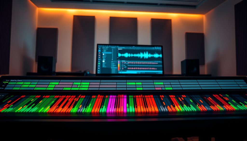 A high-tech digital audio workstation interface showcasing Ableton Live's clip view. In the foreground, vibrant color-coded audio clips arranged on a horizontal timeline with waveforms clearly visible. The middle layer features a sleek, modern computer setup with dual monitors displaying the Ableton Live software, its user-friendly interface glowing softly. The background contains a minimalistic music studio with acoustic treatment panels and subtle ambient lighting, creating a focused atmosphere. The scene captures a sense of creative workflow, emphasizing productivity and precision in music arrangement. The lighting is warm, with a slight glow emanating from the screens, highlighting the details of the interface. Shot from a slightly elevated angle to provide depth and context.
