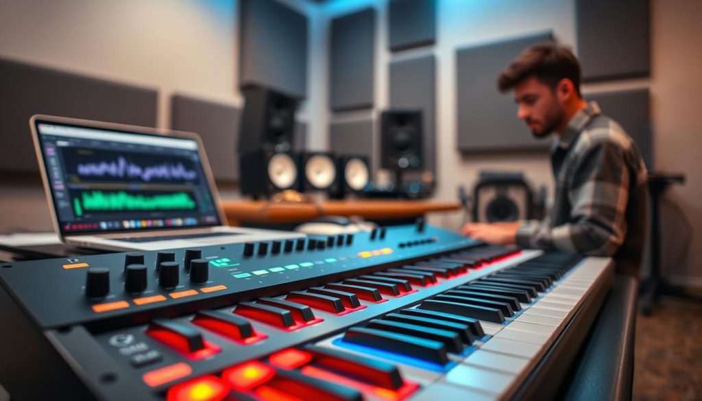 A modern MIDI keyboard controller designed for Ableton Live, prominently featured in the foreground. The controller showcases vibrant, backlit keys and an array of knobs and sliders, emphasizing its functionality for performance, mixing, and production. In the middle ground, a sleek laptop displays the Ableton Live interface, with waveforms and tracks visible. The background contains a stylish music production studio with acoustic panels, soft ambient lighting casting a creative glow over the workspace. A focused, professional musician in modest casual clothing sits at the keyboard, immersed in the music creation process. The atmosphere conveys a blend of inspiration and concentration, inviting viewers into the world of digital music production. Soft depth of field to highlight the keyboard and the musician against a bokeh backdrop.