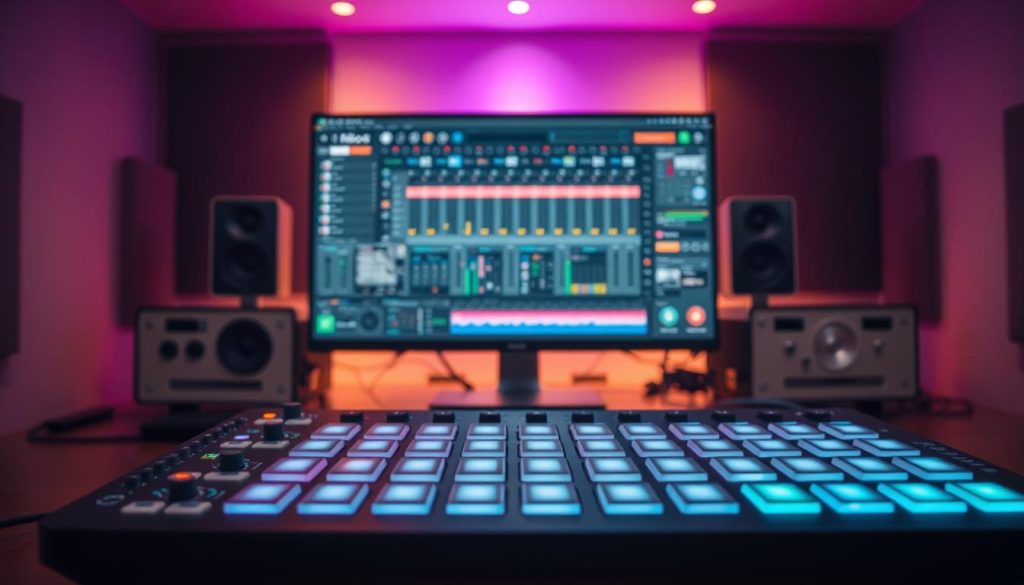 A modern digital audio workstation (DAW) integration scene, featuring a sleek Ableton Push 3 controller in the foreground, prominently displayed with its vibrant LED pads illuminated. In the middle ground, a large computer screen shows a dynamic DAW interface filled with various native devices and third-party plugins, showcasing an intuitive workflow. The background should depict a stylish music production studio with acoustic panels and ambient lighting, casting a professional yet creative atmosphere. Soft, warm lighting enhances the textures of the equipment and the ambiance, while a shallow depth of field focuses on the controller and screen. Capture this scene from a slightly elevated angle, ensuring a sense of depth and engagement with the viewer, evoking a sense of innovation and creativity in music production. A modern digital audio workstation (DAW) integration scene, featuring a sleek Ableton Push 3 controller in the foreground, prominently displayed with its vibrant LED pads illuminated. In the middle ground, a large computer screen shows a dynamic DAW interface filled with various native devices and third-party plugins, showcasing an intuitive workflow. The background should depict a stylish music production studio with acoustic panels and ambient lighting, casting a professional yet creative atmosphere. Soft, warm lighting enhances the textures of the equipment and the ambiance, while a shallow depth of field focuses on the controller and screen. Capture this scene from a slightly elevated angle, ensuring a sense of depth and engagement with the viewer, evoking a sense of innovation and creativity in music production.
