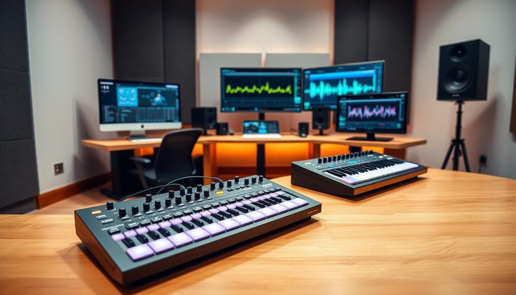 A modern, minimalist studio workspace featuring several standalone MIDI controller stations designed for use with Ableton Live. In the foreground, a sleek MIDI controller with illuminated pads, encoders, and a textured surface, positioned on a stylish wooden desk. In the middle ground, various screens displaying DAW interfaces, synth sounds, and colorful waveforms are arranged at different angles, enhancing the creative atmosphere. The background includes soundproofing panels and soft ambient lighting, creating a warm and inviting space. The scene is viewed from a slightly elevated angle, showcasing the functionality of each station. The overall mood is focused and inspirational, perfect for music production.