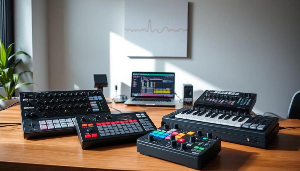 A modern workspace featuring a stylish selection of MIDI controllers displayed on a sleek wooden desk. In the foreground, highlight a top-tier MIDI controller with customizable knobs and a clear interface, and a compact option for beginners. In the middle ground, include a laptop running Ableton Live, with colorful LED lights from the controllers illuminating the scene. In the background, showcase a minimalist wall adorned with soundwave art, creating an inspiring atmosphere. Soft natural lighting streaming through a window highlights the equipment, casting gentle shadows. The mood is creative and inviting, perfect for musicians of all skill levels exploring their style and budget.
