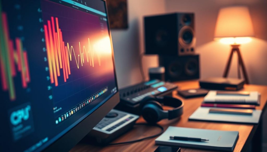 A realistic digital workspace showcasing a computer screen displaying the CPU load indicator in Ableton Live. The foreground features a close-up of the screen with vibrant, colorful graphics representing audio waveforms and CPU usage metrics, showcasing peaks and troughs. In the middle ground, a sleek audio interface and headphones are subtly visible, hinting at the music production theme. The background includes soft ambient lighting from a desk lamp, casting a warm glow over a wooden desk adorned with notebooks and other music production tools. The mood is focused and professional, conveying a blend of creativity and technical prowess in a modern music studio environment.