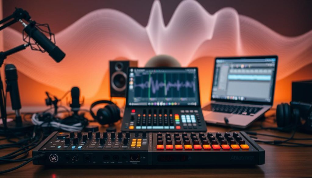 A sleek and modern audio interface sits prominently in the foreground, featuring multiple inputs and outputs with glowing LED indicators. Surrounding it are a variety of traditional studio equipment, including microphones, headphones, and cables neatly organized. In the middle ground, an Ableton Push 3 controller is positioned beside a laptop displaying a digital audio workstation screen, highlighting its connectivity options. The background features an abstract representation of sound waves emanating from a speaker, creating a dynamic sense of movement. Soft, ambient lighting casts a warm glow over the scene, emphasizing creativity and technological synergy. The overall atmosphere is professional and inviting, perfect for a contemporary music studio environment. A sleek and modern audio interface sits prominently in the foreground, featuring multiple inputs and outputs with glowing LED indicators. Surrounding it are a variety of traditional studio equipment, including microphones, headphones, and cables neatly organized. In the middle ground, an Ableton Push 3 controller is positioned beside a laptop displaying a digital audio workstation screen, highlighting its connectivity options. The background features an abstract representation of sound waves emanating from a speaker, creating a dynamic sense of movement. Soft, ambient lighting casts a warm glow over the scene, emphasizing creativity and technological synergy. The overall atmosphere is professional and inviting, perfect for a contemporary music studio environment.