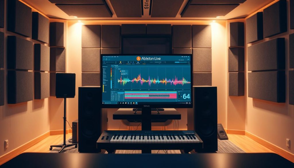 A sleek and modern digital audio workstation setup showcasing Ableton Live on a high-resolution monitor. In the foreground, focus on the vibrant interface with various tracks and colorful waveforms displayed prominently, accented by a 64-bit symbol integrated creatively into the design. The middle ground features a pair of professional studio monitors, a MIDI keyboard, and a soundproofed room filled with acoustic panels. The background is softly lit with warm tones, creating an inviting atmosphere. Use top-down lighting that highlights the screen and instruments, while ensuring shadows are soft and not distracting. The overall mood conveys a sense of innovation and professionalism in audio production, perfect for technical discussion.