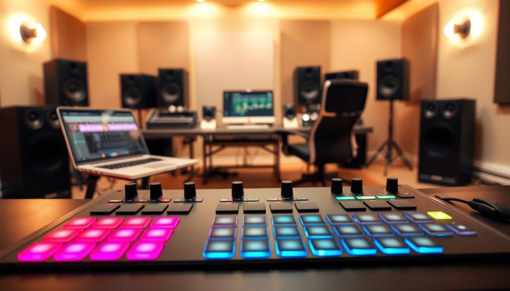 A sleek, modern MIDI controller for Ableton Live is positioned prominently in the foreground, showcasing its tactile pads and knobs. The device possesses a matte black finish with vibrant multicolored LED lights illuminating its features. In the middle ground, there's a stylish audio workstation setup, including a laptop displaying the Ableton Live interface, along with studio monitors and a comfortable chair. The background features a softly lit, stylish music production room with sound panels and acoustic treatments, enhancing the atmosphere. The lighting is warm and inviting, creating a focused, creative environment. The angle captures both the controller and the workspace, emphasizing the integration of technology and music production. The overall mood is inspirational and professional, perfect for aspiring musicians and producers.
