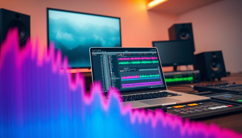 A sleek, modern digital audio workstation interface showcasing the process of troubleshooting sidechain compression in Ableton Live. In the foreground, a close-up of a vibrant audio waveform with visible peaks and troughs, indicating peaks in volume levels. In the middle, an intuitive setup on a laptop screen displaying the Ableton Live software with a highlighted sidechain input panel. Surrounding elements include colorful sound modulation graphs and MIDI controllers. The background features a softly lit workspace with a professional feel, including monitors and sound equipment. Warm ambient lighting enhances the mood of creativity and focus, emphasizing a productive troubleshooting environment. The angle captures a slightly above view to provide a comprehensive overview of the setup without distractions.