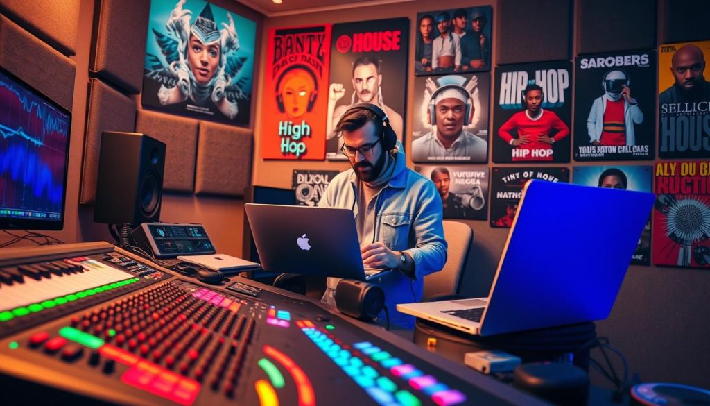 A vibrant and dynamic scene showcasing a music production studio, capturing the essence of the "cas d'usage kick mix" in electronic music. In the foreground, focus on a professional audio mixing console with colorful LED lights, surrounded by various music production tools like a MIDI keyboard and headphones. In the middle, portray a focused music producer, dressed in casual yet polished attire, analyzing waveforms on a laptop screen, and adjusting knobs on the console with intent. The background features soundproofed walls adorned with acoustic panels, and posters of iconic music genres, from house to hip-hop, creating a multi-dimensional feel. The lighting is warm and inviting, highlighting the creative atmosphere, while a slight lens blur adds depth to the scene, enhancing the mood of artistic concentration and innovation.