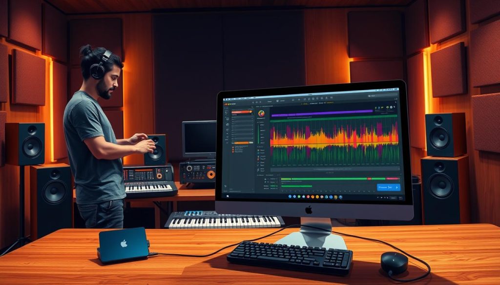 A vivid digital illustration of a music production workspace focused on sidechain plugins in Ableton. In the foreground, there's a sleek computer screen displaying an Ableton Live session with colorful waveforms and sidechain plugin interfaces visible. To the left, a professional audio engineer wearing casual but neat clothing is adjusting the parameters on a multiband compressor plugin. In the middle ground, an array of high-quality audio equipment, such as studio monitors and a MIDI keyboard, is visible. The background features soundproofed walls with acoustic panels, illuminated by warm, ambient lighting that creates a creative and inspiring atmosphere. The overall mood is dynamic and focused, capturing the essence of advanced music production techniques.