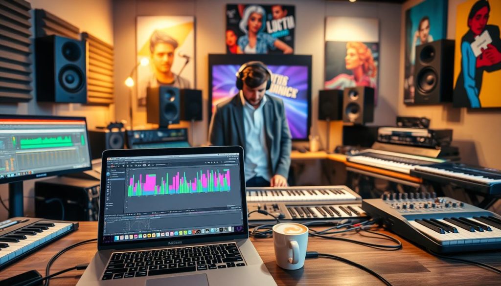 A bustling music production studio centered around an Ableton Live workspace. The foreground features a sleek laptop with an open Ableton Live interface showing colorful tracks, waveforms, and icons for music creation. Surrounding the laptop are professional audio monitors, MIDI keyboards, and a variety of musical instruments, hinting at a creative environment. In the middle ground, a musician in smart casual attire is intently focused on the screen, headphones on, immersed in the creative process. The background displays soundproofed walls lined with acoustic panels and vibrant artwork related to music. Soft, warm lighting casts a welcoming glow, enhancing the productive atmosphere, with details like a coffee cup nearby adding to the authenticity and comfort of the space. A bustling music production studio centered around an Ableton Live workspace. The foreground features a sleek laptop with an open Ableton Live interface showing colorful tracks, waveforms, and icons for music creation. Surrounding the laptop are professional audio monitors, MIDI keyboards, and a variety of musical instruments, hinting at a creative environment. In the middle ground, a musician in smart casual attire is intently focused on the screen, headphones on, immersed in the creative process. The background displays soundproofed walls lined with acoustic panels and vibrant artwork related to music. Soft, warm lighting casts a welcoming glow, enhancing the productive atmosphere, with details like a coffee cup nearby adding to the authenticity and comfort of the space.
