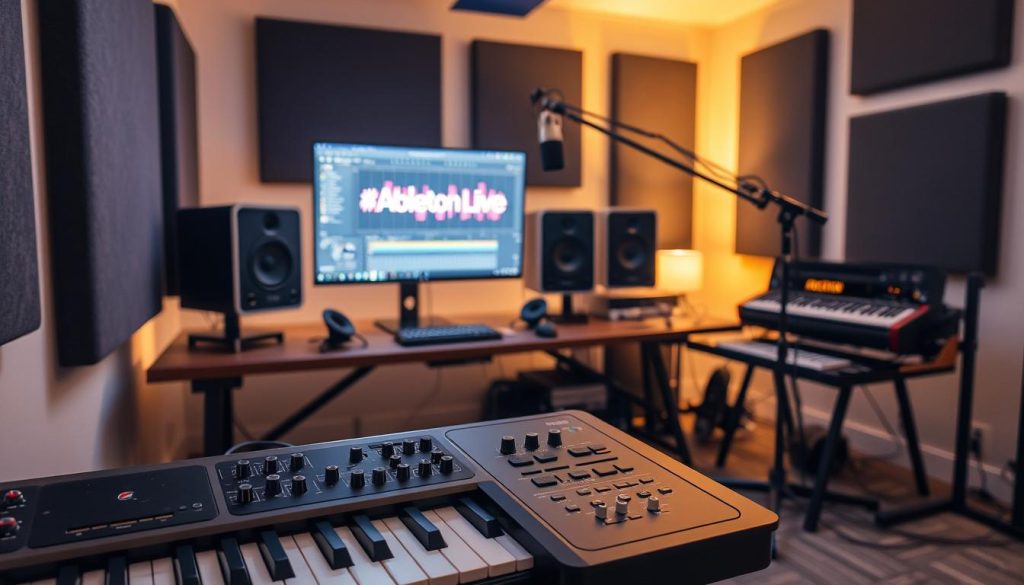 A modern music production studio setup showcasing professional audio equipment and acoustic treatment. In the foreground, a sleek, black MIDI keyboard and a high-quality audio interface are prominently displayed. The middle ground features a large computer monitor displaying Ableton Live software, surrounded by vibrant studio speakers and a microphone on a boom stand. The background includes soundproofed walls and a well-organized workspace with mixing equipment and cables. The atmosphere is focused and creative, lit with soft, warm lighting that enhances the professionalism of the environment. The image captures the essence of a well-equipped home studio, inspiring a productive workflow for music creation. A modern music production studio setup showcasing professional audio equipment and acoustic treatment. In the foreground, a sleek, black MIDI keyboard and a high-quality audio interface are prominently displayed. The middle ground features a large computer monitor displaying Ableton Live software, surrounded by vibrant studio speakers and a microphone on a boom stand. The background includes soundproofed walls and a well-organized workspace with mixing equipment and cables. The atmosphere is focused and creative, lit with soft, warm lighting that enhances the professionalism of the environment. The image captures the essence of a well-equipped home studio, inspiring a productive workflow for music creation.