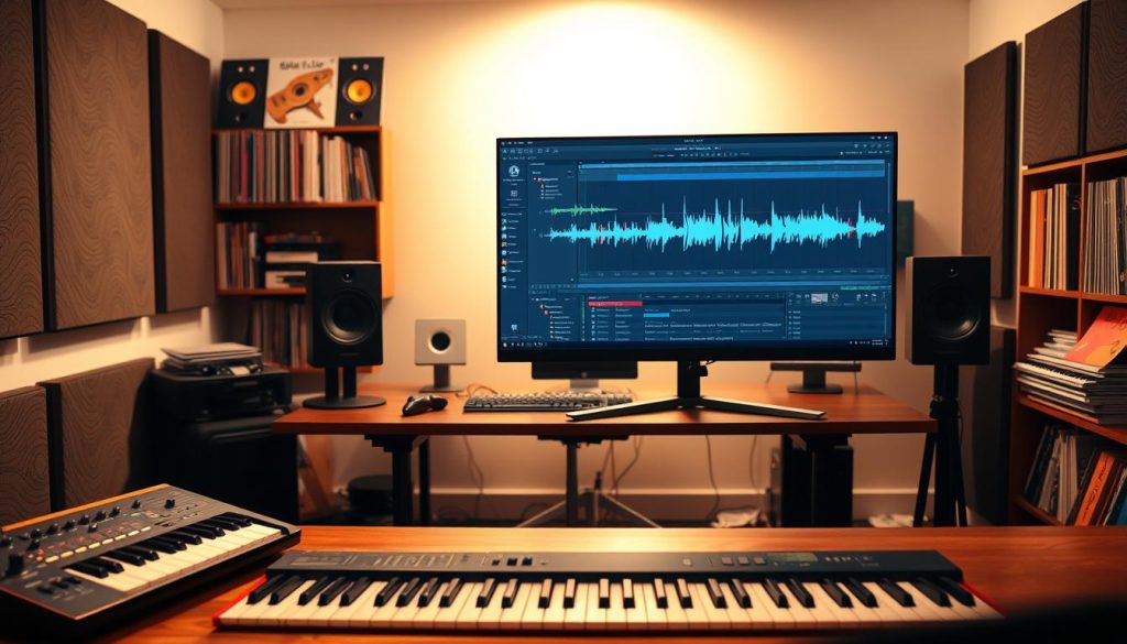 A modern music production workspace featuring Ableton Live displayed prominently on a high-resolution monitor. In the foreground, a sleek digital audio workstation interface shows colorful waveforms and active tracks, some labeled with various stem names. A MIDI keyboard is positioned to the side, enhancing the creative atmosphere. In the middle, a stylish desk with soundproofing panels on the walls reflects a professional recording studio vibe. A warm, soft light illuminates the scene, casting gentle shadows. In the background, shelves filled with music production gear and vinyl records add depth. The overall mood is focused yet inviting, conveying a sense of clarity and creativity in music import workflows.