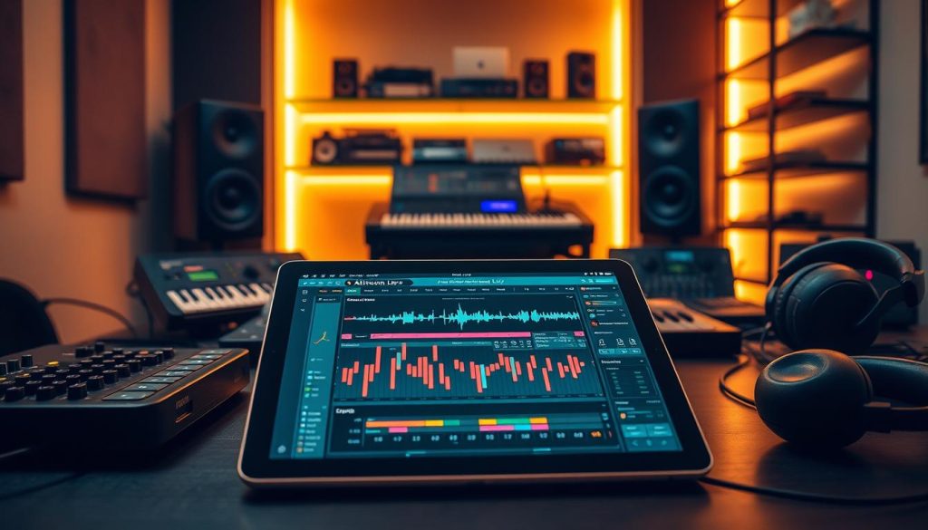 A professional music production workspace featuring an iPad prominently displaying Ableton Live’s interface with instruments, effects, and a sampler in focus. The foreground shows an iPad with colorful waveforms and controls, surrounded by sleek audio equipment like MIDI controllers and headphones. In the middle, various virtual instruments are illustrated, such as synthesizers and drum machines, while effects like reverb and delay are visually represented with dynamic sound waves. The background is a softly lit home studio setting with warm lighting that evokes creativity, featuring soundproofing panels and shelves lined with music gear. The composition conveys an inspiring and innovative atmosphere for music creation.