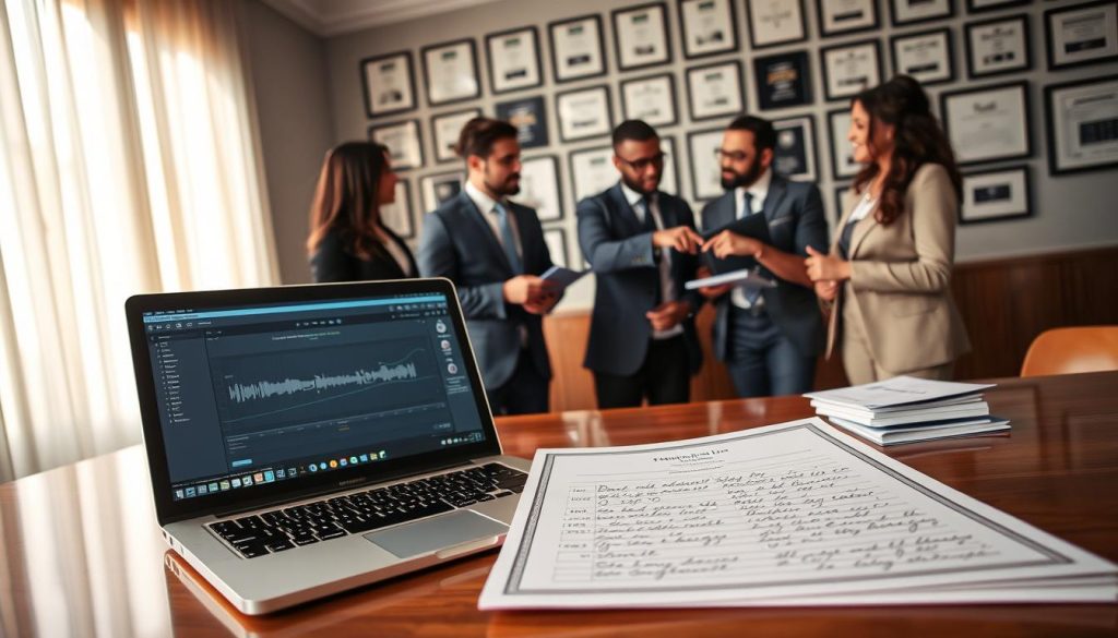 A professional setting showcasing a certification and financing theme related to music production training. In the foreground, a framed certificate with an elegant design lays on a polished desk, partially obscured by a laptop displaying an Ableton Live interface. Next to the laptop, a notebook with handwritten notes on music theory and a neatly arranged stack of financial documents is visible. In the middle ground, a diverse group of four individuals in smart business attire collaborate around the desk, discussing plans and pointing at the certification. In the background, a wall with framed accolades and a large window letting in soft natural light creates a warm, inviting atmosphere. The mood is focused and inspiring, emphasizing growth and opportunity in music education. A professional setting showcasing a certification and financing theme related to music production training. In the foreground, a framed certificate with an elegant design lays on a polished desk, partially obscured by a laptop displaying an Ableton Live interface. Next to the laptop, a notebook with handwritten notes on music theory and a neatly arranged stack of financial documents is visible. In the middle ground, a diverse group of four individuals in smart business attire collaborate around the desk, discussing plans and pointing at the certification. In the background, a wall with framed accolades and a large window letting in soft natural light creates a warm, inviting atmosphere. The mood is focused and inspiring, emphasizing growth and opportunity in music education.