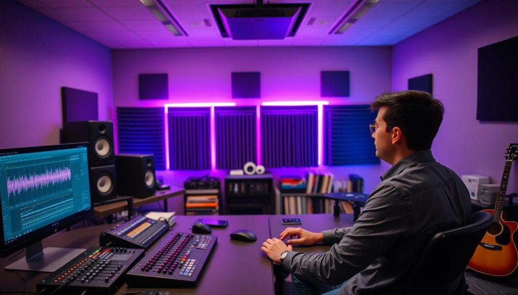 A serene and modern studio environment showcasing a professional music production setup featuring Ableton Live software on a sleek computer screen. In the foreground, a focused individual in smart casual attire is seated at a desk, engaged in composition, with MIDI controllers and sound mixers visible. The middle ground consists of vibrant LED lights and soundproofing panels, emphasizing the creative atmosphere. The background reveals an organized workspace filled with music production books and a stylish acoustic guitar. Soft, diffused lighting creates a warm, inspiring ambiance, enhancing the mood of creativity and professionalism, captured in a slightly overhead angle to provide a dynamic view of the scene. A serene and modern studio environment showcasing a professional music production setup featuring Ableton Live software on a sleek computer screen. In the foreground, a focused individual in smart casual attire is seated at a desk, engaged in composition, with MIDI controllers and sound mixers visible. The middle ground consists of vibrant LED lights and soundproofing panels, emphasizing the creative atmosphere. The background reveals an organized workspace filled with music production books and a stylish acoustic guitar. Soft, diffused lighting creates a warm, inspiring ambiance, enhancing the mood of creativity and professionalism, captured in a slightly overhead angle to provide a dynamic view of the scene.