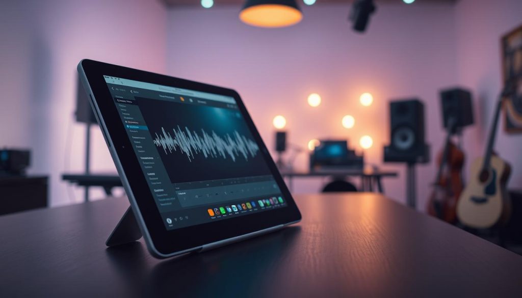A sleek, modern iPad displaying the Ableton Live interface with an emphasis on cloud integration and Link functionalities. In the foreground, the iPad is angled towards the viewer, showcasing vibrant waveforms and musical notations on the screen. The middle layer features a stylish workspace with a minimalist desk, complete with professional music production tools like a MIDI controller and headphones. The background is softly blurred, depicting a creative studio filled with musical instruments and soft ambient lighting, creating an inspiring and focused atmosphere. The overall mood is professional and innovative, highlighting the technological advancement of music production on mobile devices.
