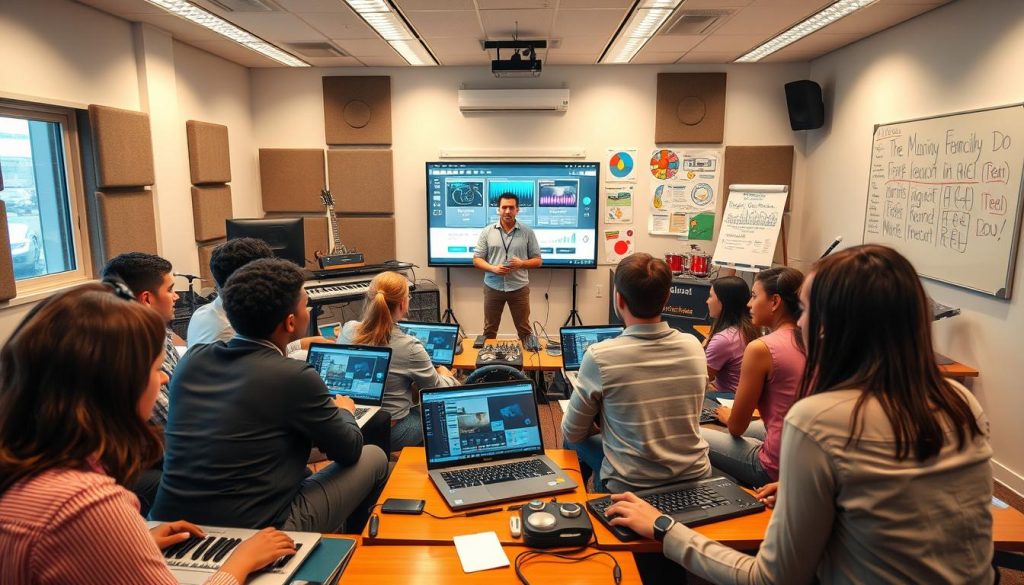 A vibrant and engaging classroom scene showcasing various teaching methods with a focus on music education. In the foreground, a diverse group of students, dressed in professional casual attire, are actively participating in an interactive workshop, using laptops and music equipment like MIDI controllers. In the middle ground, a knowledgeable instructor demonstrates music production techniques on a digital screen, surrounded by visual aids showcasing different pedagogical approaches. The background features a creative and inspiring space with acoustic panels, musical instruments, and a large whiteboard filled with colorful diagrams. The lighting is warm and inviting, creating an atmosphere of collaboration and creativity. The scene is captured with a wide-angle lens to convey the dynamic energy of the classroom setting. A vibrant and engaging classroom scene showcasing various teaching methods with a focus on music education. In the foreground, a diverse group of students, dressed in professional casual attire, are actively participating in an interactive workshop, using laptops and music equipment like MIDI controllers. In the middle ground, a knowledgeable instructor demonstrates music production techniques on a digital screen, surrounded by visual aids showcasing different pedagogical approaches. The background features a creative and inspiring space with acoustic panels, musical instruments, and a large whiteboard filled with colorful diagrams. The lighting is warm and inviting, creating an atmosphere of collaboration and creativity. The scene is captured with a wide-angle lens to convey the dynamic energy of the classroom setting.