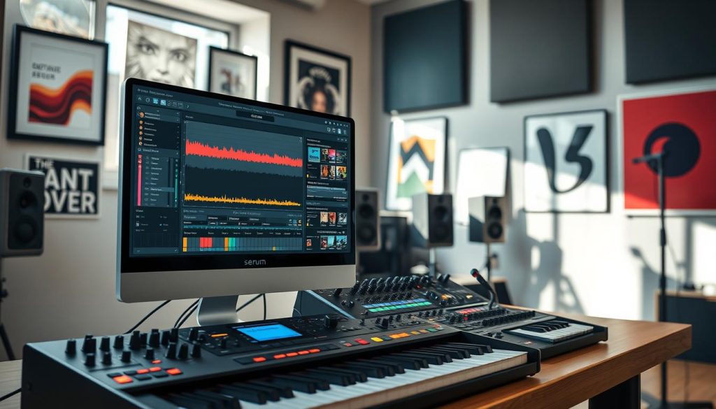 A captivating digital workspace showcasing various audio samples and presets for electronic music production. In the foreground, a sleek modern computer screen displays a well-organized interface for Serum, with colorful waveforms and vibrant preset thumbnails for synths. The middle ground features a stylish MIDI keyboard and sound panels, artfully arranged. In the background, soft lighting highlights a creative studio environment, with art pieces and soundproofing panels adding depth. The atmosphere exudes creativity and innovation, with a focus on modern electronic sound. Use natural lighting to create a warm, inviting mood, capturing the essence of contemporary music production without any distractions or text. A captivating digital workspace showcasing various audio samples and presets for electronic music production. In the foreground, a sleek modern computer screen displays a well-organized interface for Serum, with colorful waveforms and vibrant preset thumbnails for synths. The middle ground features a stylish MIDI keyboard and sound panels, artfully arranged. In the background, soft lighting highlights a creative studio environment, with art pieces and soundproofing panels adding depth. The atmosphere exudes creativity and innovation, with a focus on modern electronic sound. Use natural lighting to create a warm, inviting mood, capturing the essence of contemporary music production without any distractions or text.