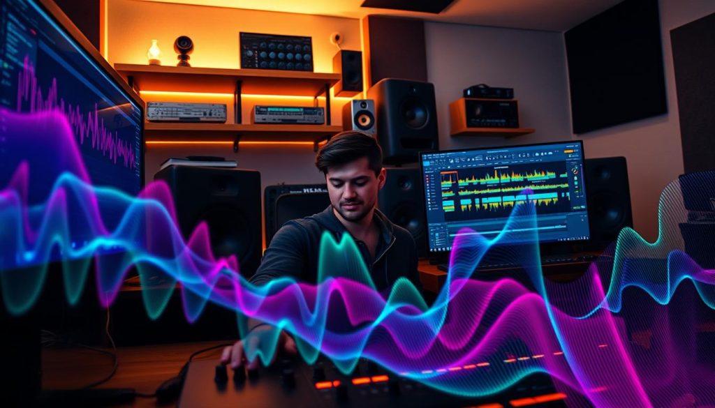 A close-up, dynamic scene of a music producer working in a modern studio environment, surrounded by high-end audio equipment and a digital audio workstation screen displaying the Ableton Live interface. The foreground features intricate soundwave patterns and vibrant colorful visualizations representative of a "Beat Repeat" effect. The middle ground showcases the producer, a person in casual yet professional attire, focused and adjusting knobs on a MIDI controller, with a thoughtful expression. In the background, soft ambient lighting casts a warm glow, enhancing a creative atmosphere, with shelves displaying various music production gear and acoustic panels. The mood is energetic yet professional, illustrating the creative process of texturing mixes.