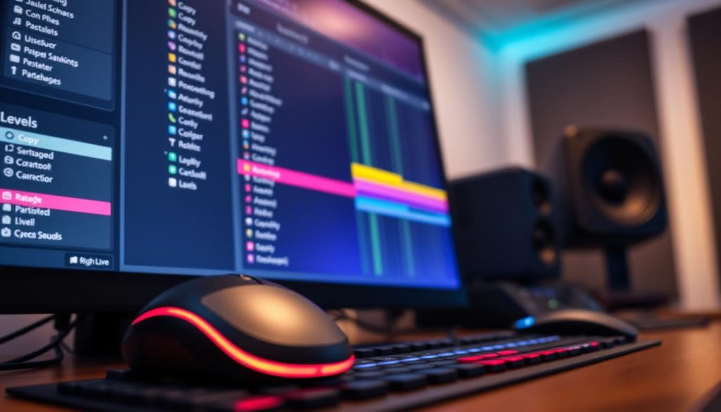 A close-up view of a computer screen displaying the Ableton Live interface, focusing specifically on a context menu with a 'right-click' action. The menu shows options like 'Copy', 'Paste', 'Reorder', and 'Levels', with vibrant colors highlighting the selected item. In the foreground, a modern, sleek mouse is positioned at an angle, emphasizing the right-click function. Soft lighting illuminates the screen, creating a professional atmosphere. The background is slightly blurred, featuring a clean, organized workspace with sound mixing equipment and acoustic panels, suggesting a creative environment. The image conveys a sense of focus and productivity, ideal for illustrating mixing techniques.