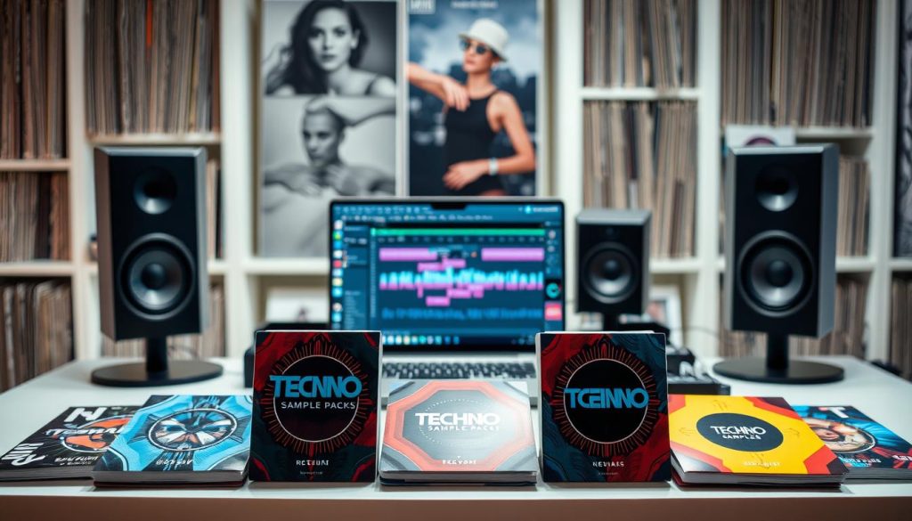 A creative workspace featuring an assortment of modern techno sample packs, arranged artistically on a sleek desk. The foreground showcases vibrant, colorful sample pack covers, each with unique designs representing various sub-genres of techno. In the middle, a laptop displays a popular digital audio workstation interface, with sound waves and samples ready to be mixed. A pair of high-quality studio monitors flank the laptop, emphasizing the audio production setting. The background features softly blurred shelves filled with vinyl records, creating a cozy, yet professional atmosphere. Bright, focused lighting highlights the sample packs, while the overall mood is energetic and inspiring, encapsulating the essence of modern electronic music production.