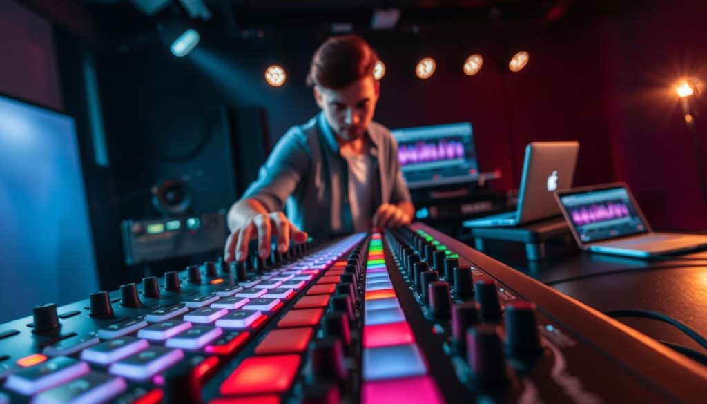 A detailed representation of a MIDI controller setup in a live performance environment. In the foreground, a sleek, modern MIDI controller with illuminated pads and knobs, showcasing its features in a close-up view, displaying vibrant colors. In the middle ground, a musician wearing casual yet professional attire is intensely focused on the controller, hands poised over the pads. The background features a stage with soft, atmospheric lighting, highlighting musical equipment and a laptop running Ableton Live, creating an intimate yet energetic ambiance. The scene captures a sense of creativity and real-time control, emphasizing the dynamic interaction between the artist and technology, with dramatic lighting enhancing the mood for a live performance. A detailed representation of a MIDI controller setup in a live performance environment. In the foreground, a sleek, modern MIDI controller with illuminated pads and knobs, showcasing its features in a close-up view, displaying vibrant colors. In the middle ground, a musician wearing casual yet professional attire is intensely focused on the controller, hands poised over the pads. The background features a stage with soft, atmospheric lighting, highlighting musical equipment and a laptop running Ableton Live, creating an intimate yet energetic ambiance. The scene captures a sense of creativity and real-time control, emphasizing the dynamic interaction between the artist and technology, with dramatic lighting enhancing the mood for a live performance.