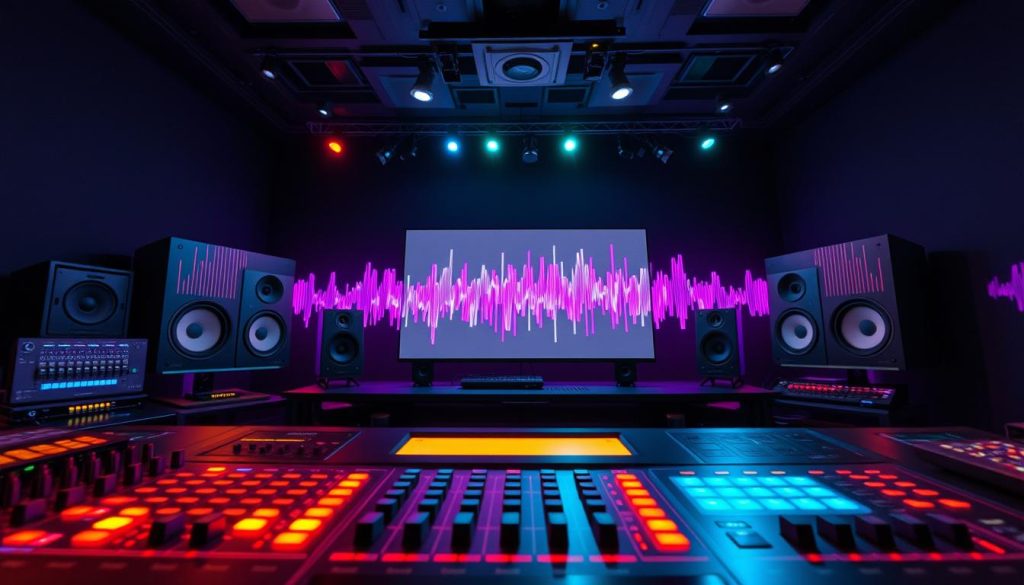 A dynamic and colorful music studio scene showcasing various creative effects used in electronic music production. In the foreground, a high-tech mixing console with illuminated sliders and knobs, surrounded by sleek audio equipment. In the middle, vibrant sound waves visualizations projected on a screen, depicting glitch effects and multi-effects blending together. The background features a darkened room with soft, ambient lighting creating a warm, inviting atmosphere, enhanced by colorful LED lights reflecting off the studio walls. The scene conveys an energetic, modern vibe, ideal for illustrating the innovative techniques used in electro music. The camera angle is slightly above eye level, focusing on the intricate details of the setup while capturing the overall ambiance of creativity and inspiration.