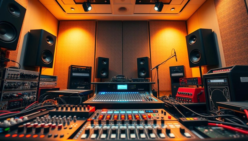 A dynamic audio effects setup in a modern music studio, with a focus on an array of colorful, modular audio racks. In the foreground, shiny effects units and patch cables create a vibrant scene. The middle ground features a digital audio mixer, with sleek LED indicators illuminating the space. In the background, large speakers and soundproof foam panels create an immersive atmosphere that conveys a sense of professionalism. Warm, ambient lighting casts soft shadows, enhancing the mood of creativity and innovation. The perspective is slightly angled from above, giving a clear view of the intricate setup, free from any distractions. The overall feeling is of an energetic and engaging live performance environment, ideal for musicians and audio engineers. A dynamic audio effects setup in a modern music studio, with a focus on an array of colorful, modular audio racks. In the foreground, shiny effects units and patch cables create a vibrant scene. The middle ground features a digital audio mixer, with sleek LED indicators illuminating the space. In the background, large speakers and soundproof foam panels create an immersive atmosphere that conveys a sense of professionalism. Warm, ambient lighting casts soft shadows, enhancing the mood of creativity and innovation. The perspective is slightly angled from above, giving a clear view of the intricate setup, free from any distractions. The overall feeling is of an energetic and engaging live performance environment, ideal for musicians and audio engineers.