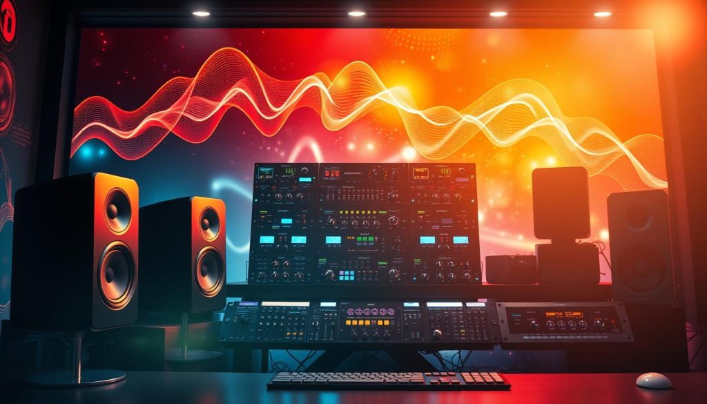 A modern audio production studio scene, showcasing a sleek digital audio workstation filled with vibrant sound waveforms and lush visualizations. In the foreground, elegant studio monitors emit soft, glowing light, hinting at rich sound reverberations. In the middle, an array of high-tech sound effects modules, including various reverb units, are displayed artistically, capturing a sense of innovation and creativity. The background features abstract, colorful soundwave patterns and ethereal textures that symbolize infinite reverb spaces, creating a mesmerizing atmosphere. The lighting is dynamic, with bright highlights and soft shadows, enhancing depth and intrigue. The overall mood is inspiring and futuristic, reflecting the essence of modern electronic music production.